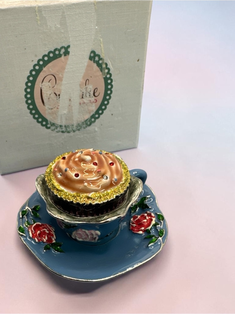 Cupcake Cupboard Teacup Trinket Box - Blue with Gold & Pink Frosting 20/100 - Picture 2 of 10